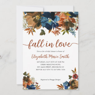 Fall in Love Blommig Marinblå Brun Bröllopsdusch Inbjudningar