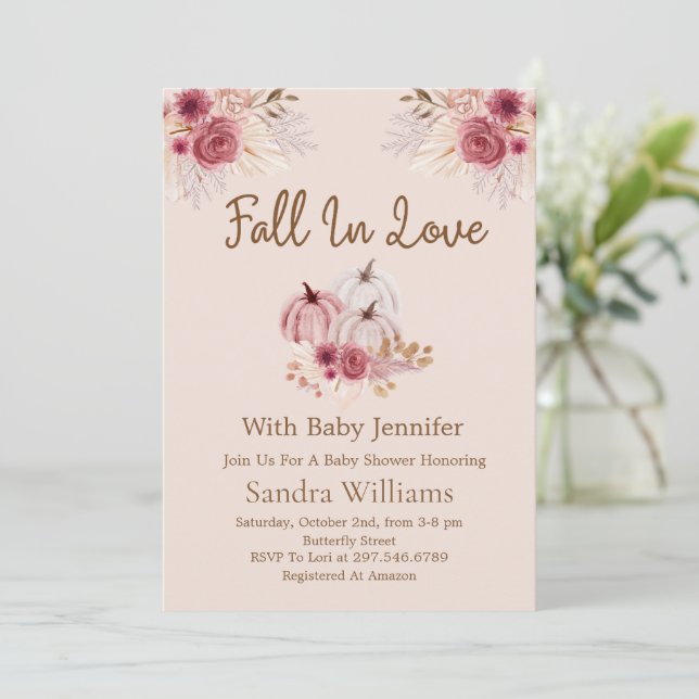 Fall In Love Boho Pink Pumpkin Autumn Baby Shower Inbjudningar (Stående Fram)
