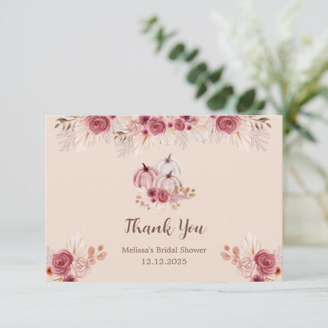 Fall In Love Boho Pink Pumpkin Bridal Shower  Kort (Stående Fram)
