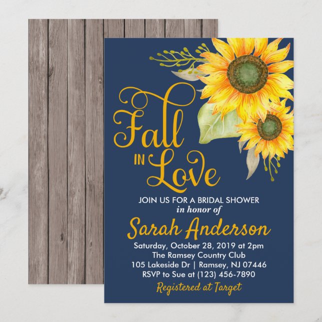 Fall in Love Bridal Shower Inbjudan – Solros (Fram/baksida)