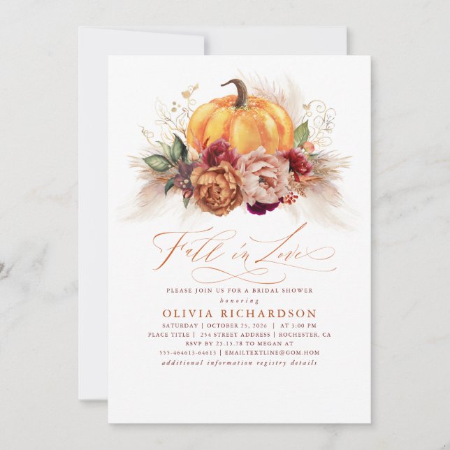 Fall in Love Bridal Shower Rust Flowers Pumpkin  I Inbjudningar (Framsida)