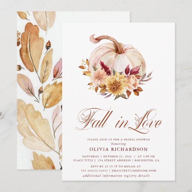 Fall in Love Bridal Shower Rust Flowers Pumpkin Inbjudningar (Fram/baksida)