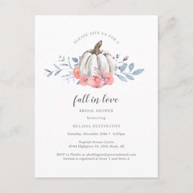 Fall in Love Bridal Shower Vit Pumpa Blommor Vykort (Framsida)