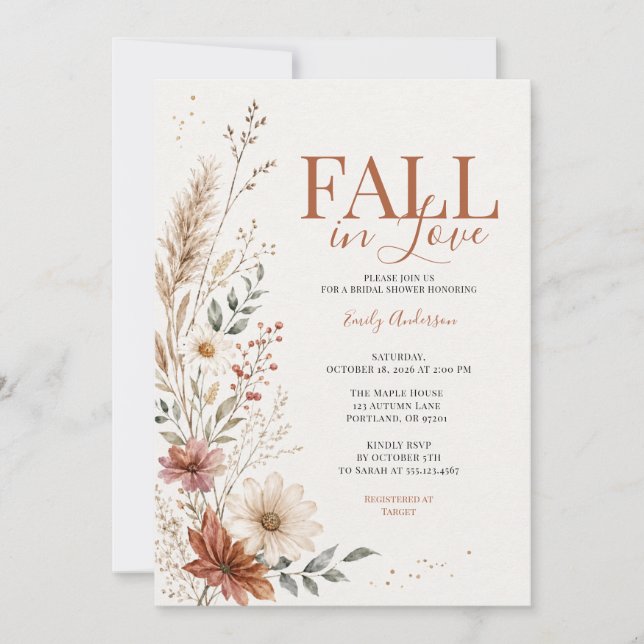 Fall in Love Bröllopsdusch FloralHöst Terrakotta Inbjudningar (Framsida)