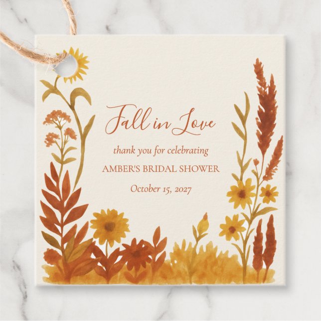 "Fall in Love" Bröllopsdusch Vattenfärg Blommor Gåvor Etiketter (Framsida)