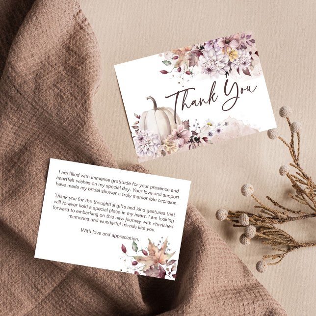 Fall in love bröllopsdusche boho pumpa tack kort (Fall in love boho pumpkin autumn themed bridal shower thank you card watercolor pastel dahlia )