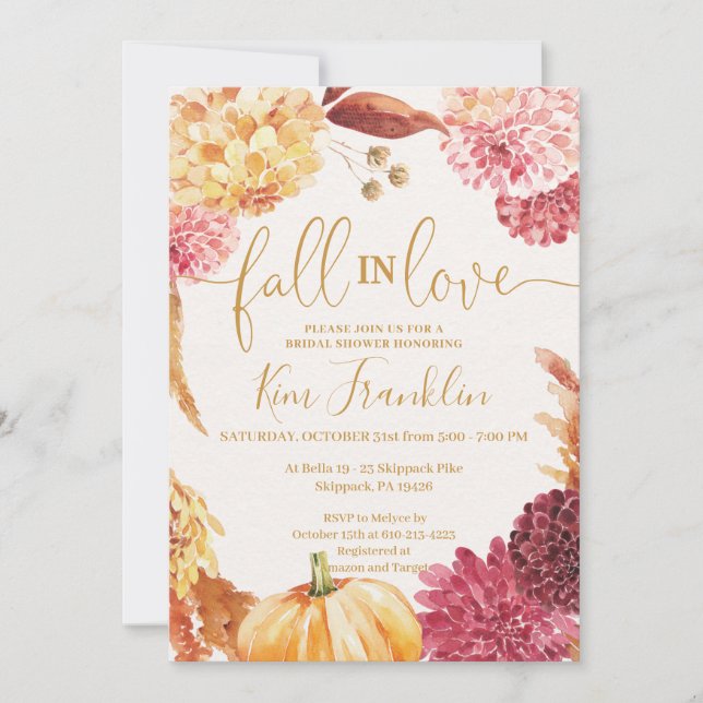 Fall in Love Floral and Gold Bridal Shower Invitat Inbjudningar (Framsida)