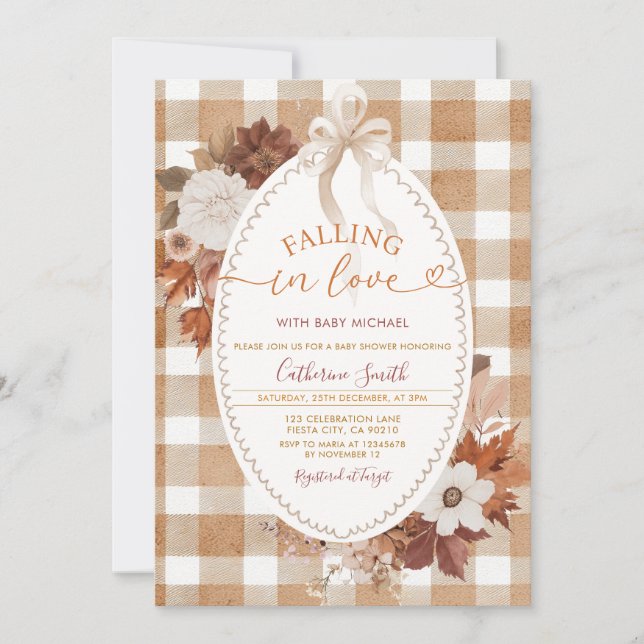 Fall in love Flowers Baby shower Gingham Inbjudningar (Framsida)