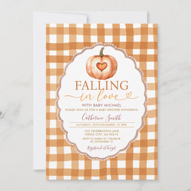 Fall in love Heart Pumpkin Baby shower Gingham Inbjudningar (Framsida)
