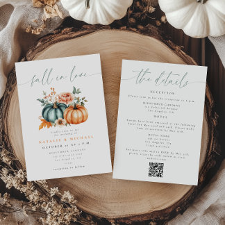 Fall in Love Pumpkin Bröllop Allt-i-ett QR-kod Inbjudningar