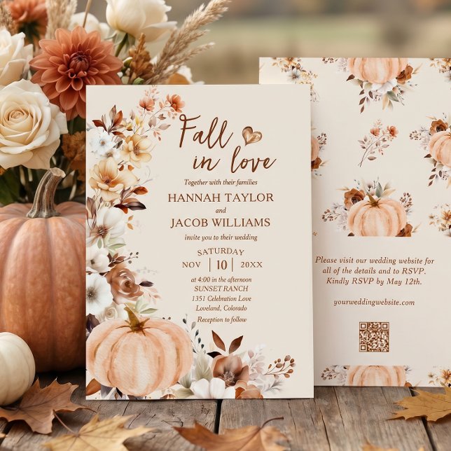 Fall in Love Pumpkin QR-kod Bröllopsinbjudan Inbjudningar (Skapare uppladdad)