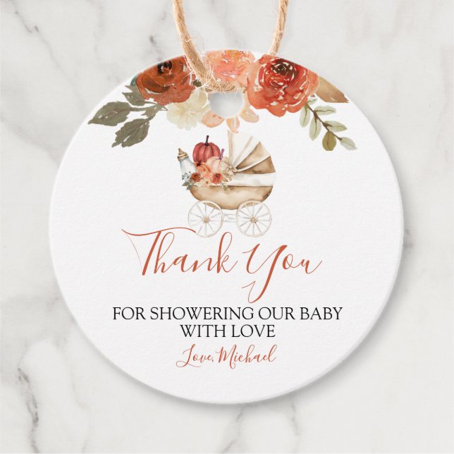 Fall In Love Pumpkin Stroller Floral Baby Shower Gåvor Etiketter (Framsida)