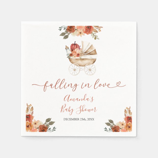 Fall In Love Pumpkin Stroller Floral Baby Shower Pappersservett (Framsidan)