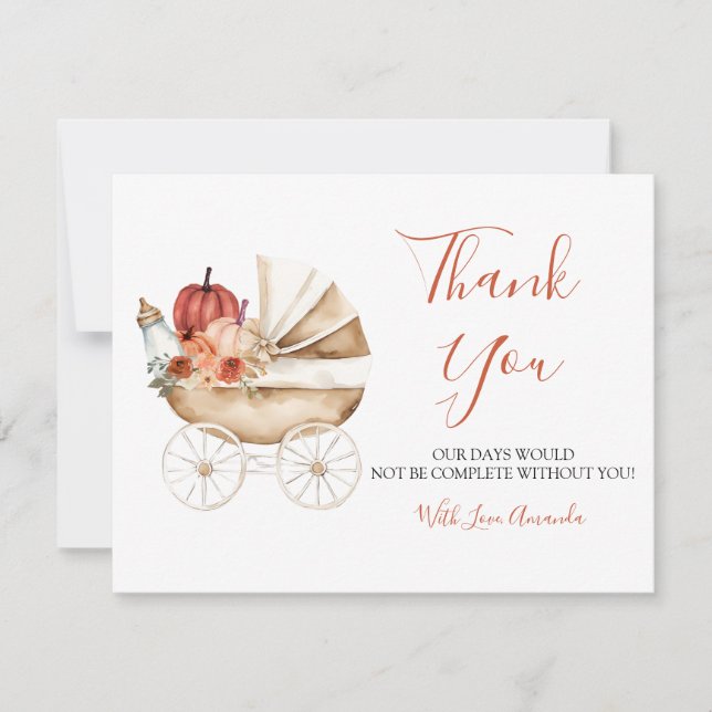 Fall In Love Pumpkin Stroller Floral Baby Shower Tack Kort (Framsida)