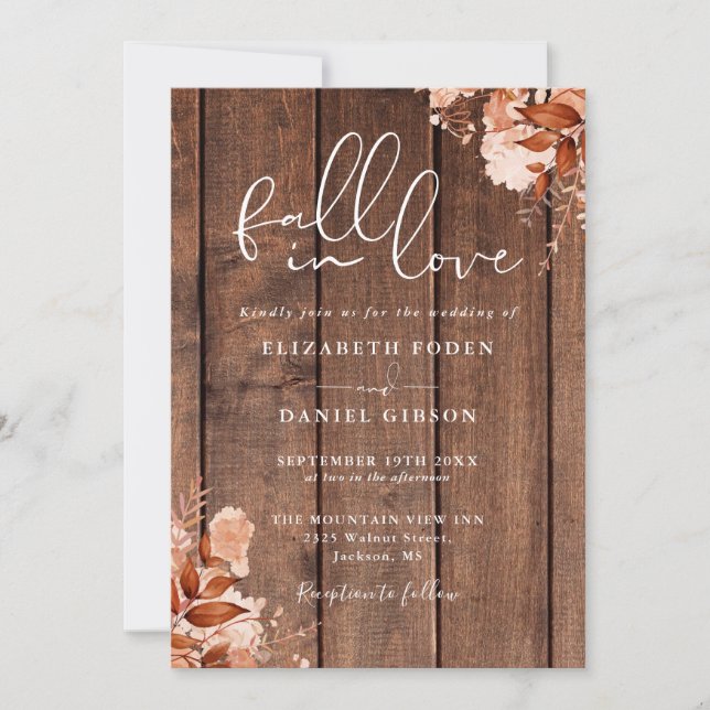 Fall In Love Rustik Trä Blommig QR-kod Bröllop Inbjudningar (Framsida)
