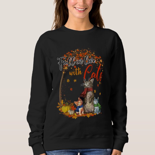 Fall In Love With Cats Autumn Leaves Thanksgiving T Shirt (Framsida)