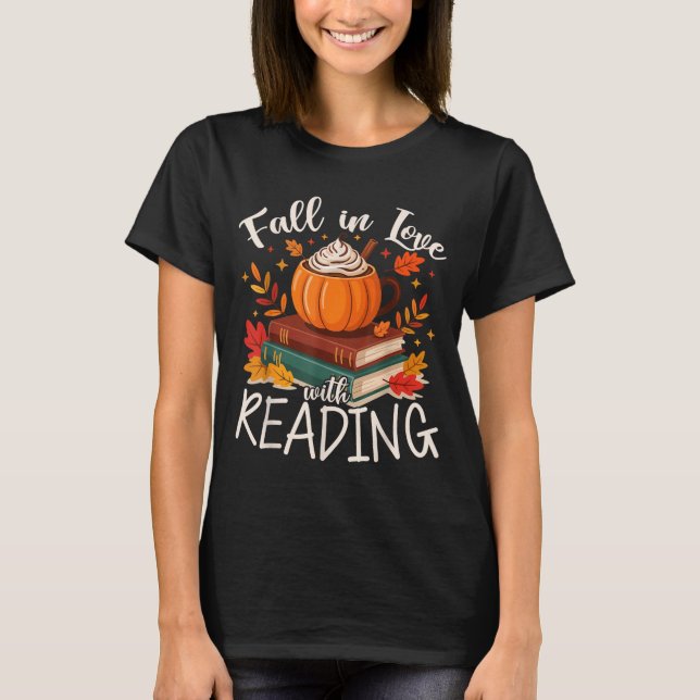 Fall In Love With Reading Autumn Librarian Cute Bo T Shirt (Framsida)