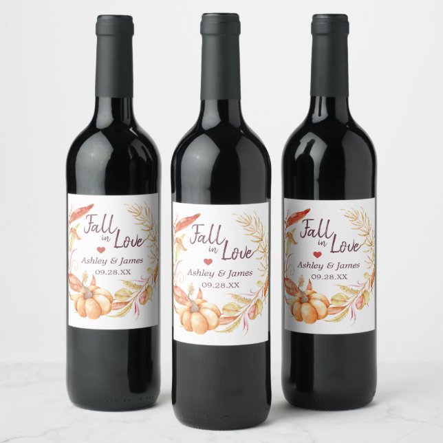 Fall Kärlek Golden Foliage Autumn Bröllop Monogram Vinflaska Etikett (Flaskor)