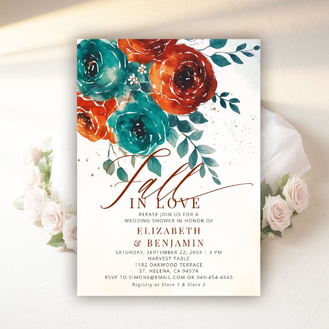 Fall Kärlek Modern Teal Orange Bröllop Möhippa Inbjudningar (fall in love wedding shower invitation teal burnt orange terracotta watercolor floral elegant rustic)