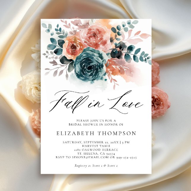 Fall Kärlek Teal Burnt Orange Blommigt Möhippa Inbjudningar (fall in love bridal shower invitation burnt orange teal watercolor roses elegant classy backyard)