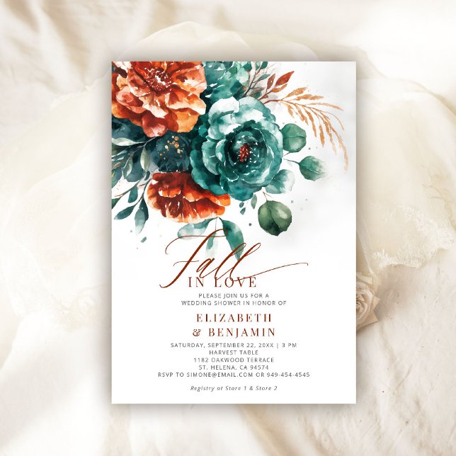 Fall Kärlek Teal Burnt Orange Bröllop Möhippa Inbjudningar (fall in love wedding shower invitation teal burnt orange terracotta watercolor calligraphy rustic)