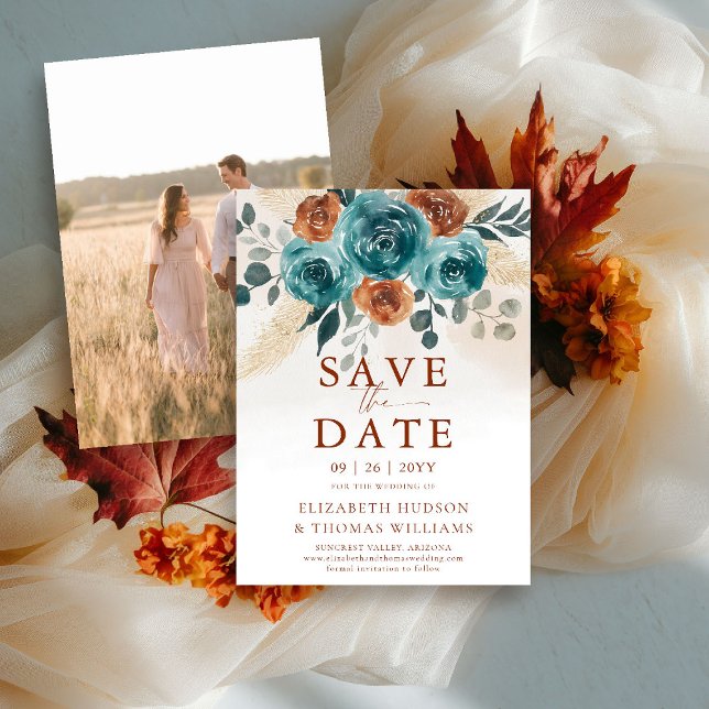 Fall Kärlek Teal Burnt Orange Bröllop spara datum Spara Datumet (fall wedding save the date engagement photo teal burnt orange terracotta watercolor greenery foliage)