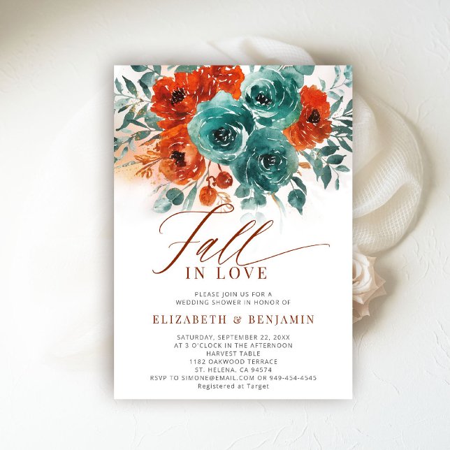 Fall Kärlek Teal Orange Blooms Bröllop Möhippa Inbjudningar (fall in love wedding shower invitation teal burnt orange terracotta watercolor calligraphy romantic)
