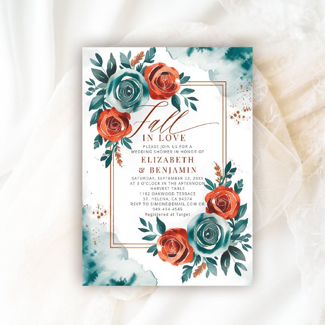 Fall Kärlek Teal Orange Ram Bröllop Möhippa Inbjudningar (fall in love wedding shower invitation teal burnt orange terracotta watercolor calligraphy floral)