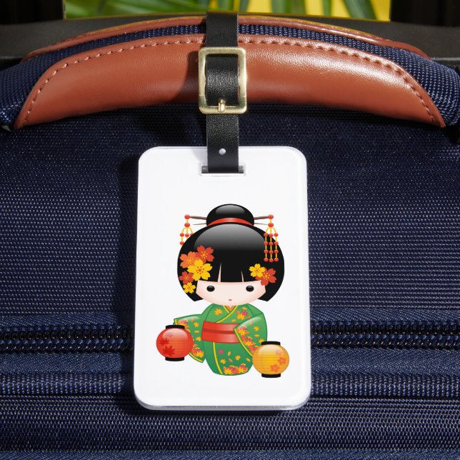 Fall Kokeshi Docka - Grön Kimono Geisha Flicka Bagagebricka (Framsida Insitu 2)