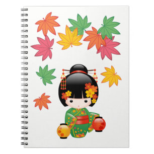 Fall Kokeshi Doll - Grönt Kimono Geisha Girl Anteckningsbok