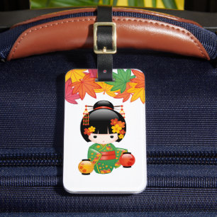 Fall Kokeshi Doll - Grönt Kimono Geisha Girl Bagagebricka