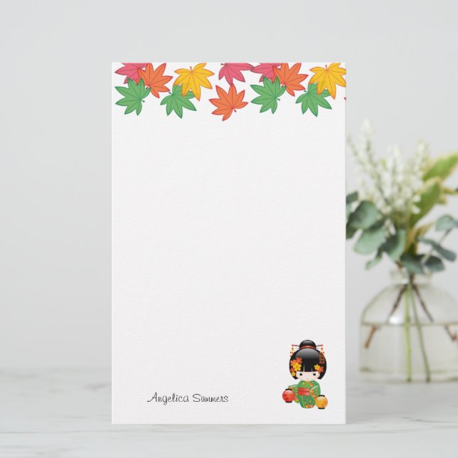 Fall Kokeshi Doll - Grönt Kimono Geisha Girl Brevpapper (Stående Fram)