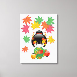 Fall Kokeshi Doll - Grönt Kimono Geisha Girl Canvastryck