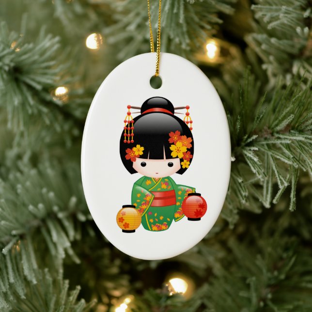 Fall Kokeshi Doll - Grönt Kimono Geisha Girl Julgransprydnad Keramik (Träd)