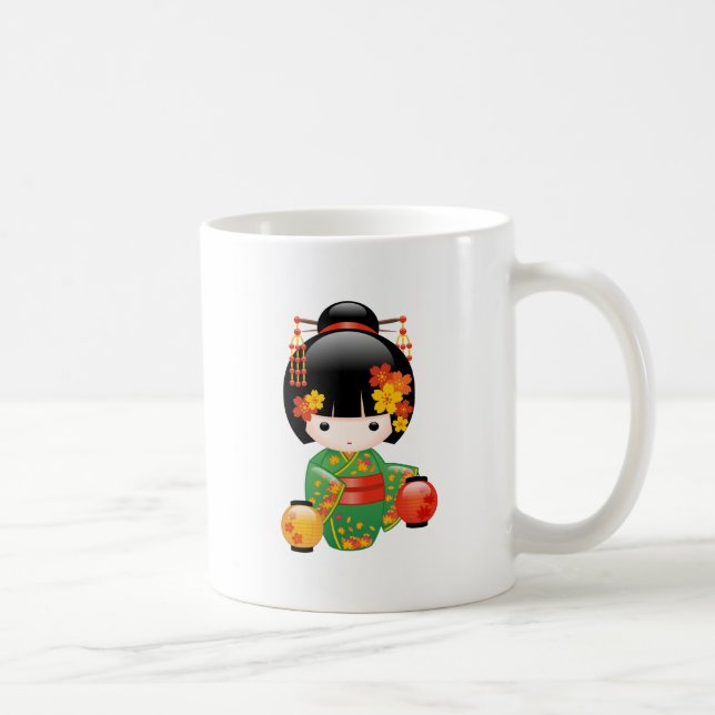 Fall Kokeshi Doll - Grönt Kimono Geisha Girl Kaffe Kaffemugg (Höger)