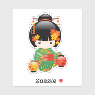 Fall Kokeshi Doll - Grönt Kimono Geisha Girl Klistermärken