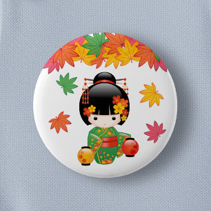 Fall Kokeshi Doll - Grönt Kimono Geisha Girl Knapp
