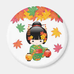 Fall Kokeshi Doll - Grönt Kimono Geisha Girl Magnet