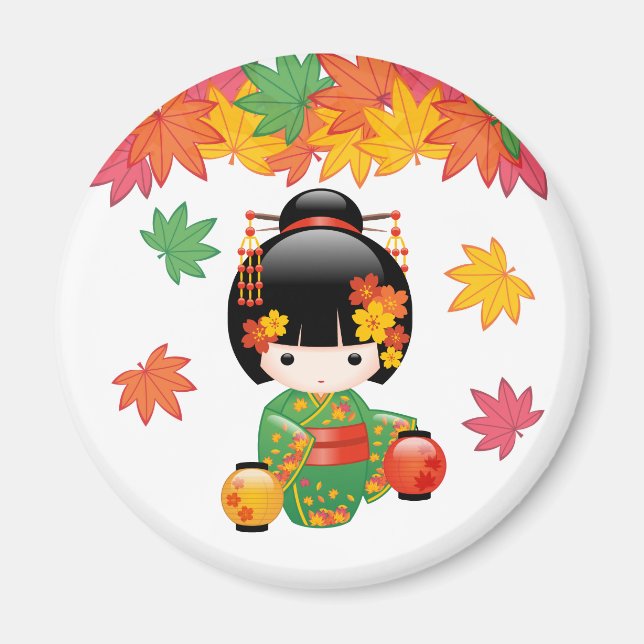 Fall Kokeshi Doll - Grönt Kimono Geisha Girl Magnet (Framsidan)