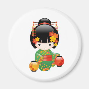 Fall Kokeshi Doll - Grönt Kimono Geisha Girl Magnet