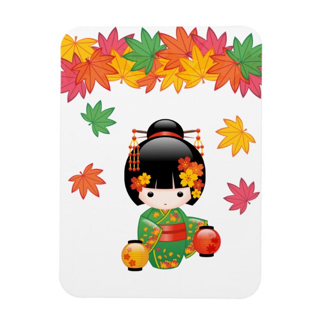 Fall Kokeshi Doll - Grönt Kimono Geisha Girl Magnet (Vertikal)