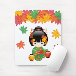 Fall Kokeshi Doll - Grönt Kimono Geisha Girl Musmatta