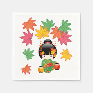 Fall Kokeshi Doll - Grönt Kimono Geisha Girl Pappersservett