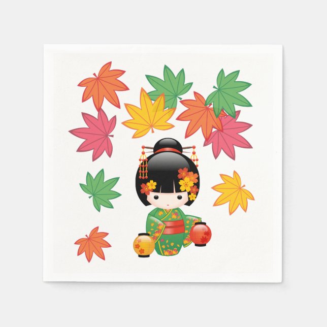 Fall Kokeshi Doll - Grönt Kimono Geisha Girl Pappersservett (Framsidan)