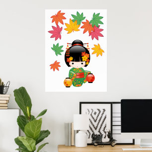 Fall Kokeshi Doll - Grönt Kimono Geisha Girl Poster