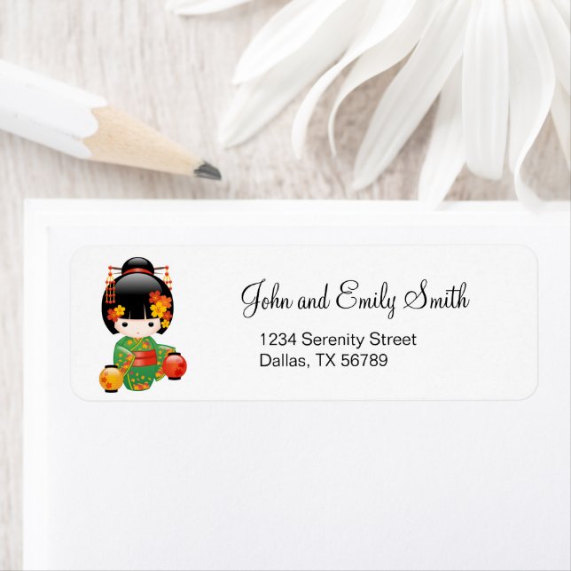 Fall Kokeshi Doll - Grönt Kimono Geisha Girl Returadress Etikett (Insitu)