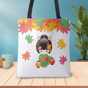 Fall Kokeshi Doll - Grönt Kimono Geisha Girl Tygkasse