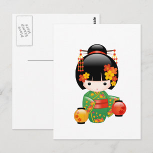 Fall Kokeshi Doll - Japansk Geisha Girl Vykort