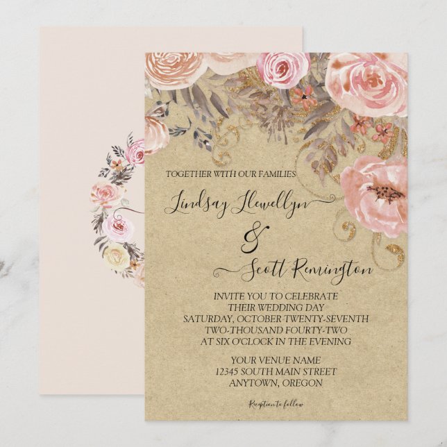 Fall Kraft Rosa Earthy Watercolor Blommigt Ro Guld Inbjudningar (Fram/baksida)