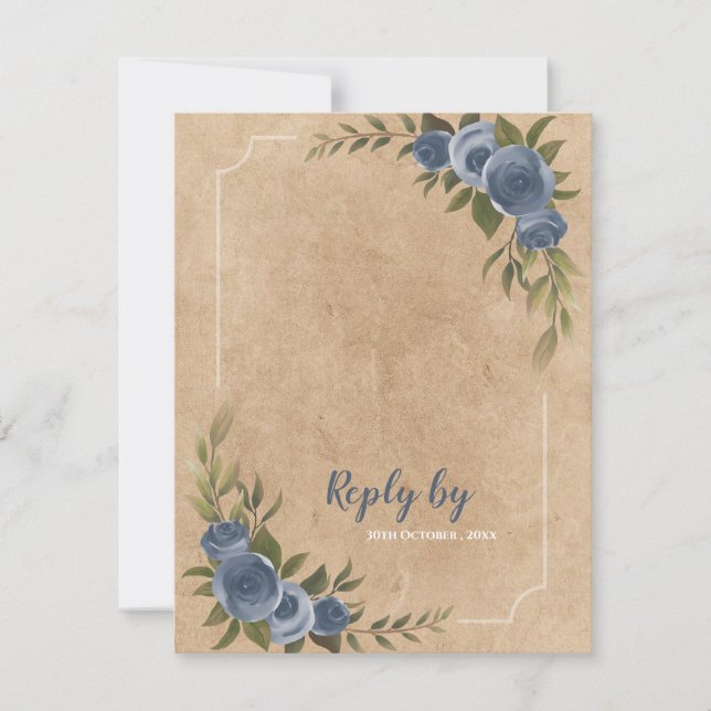 Fall Kraft Stil Rustic Blue Blommigt Bröllop OSA Kort (Framsida)